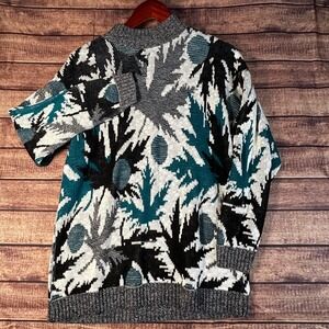Vintage Keneth Too! Abstract Maple Leaf Knit Sweater Teal Black White USA Made M